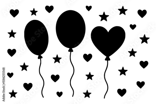 Silhouettes of Balloons and Hearts on a Light Background