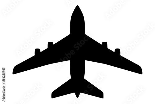 Silhouette of an Airplane in Flight, Black Color Isolated on White Background