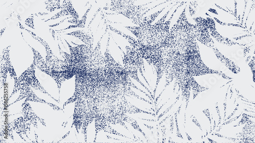 Distressed botanical leaf silhouettes stencil with a textured indigo blue background. Natural, organic and rustic aesthetic border. Perfect for textiles, backgrounds, and digital art.
