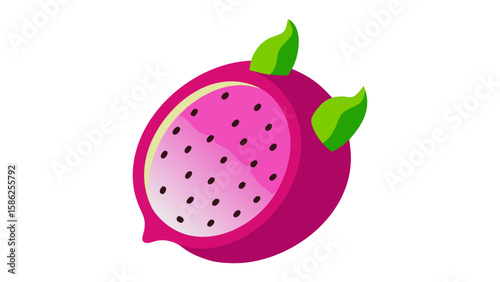 Pink Dragon Fruit Slice Vector Illustration Bright Magenta Purple Seeds Green Leaves 1
