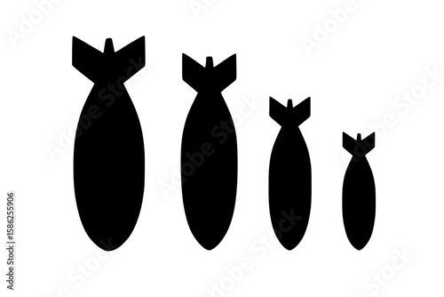 Silhouettes of military bombs in various sizes, black color isolated on white background