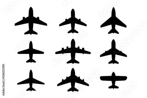 Variety of airplane silhouettes in black against a white background