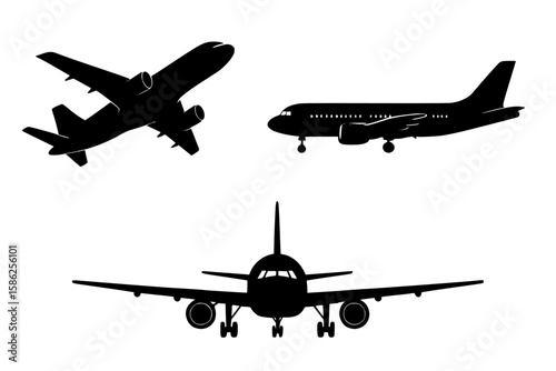 Silhouettes of Airplanes in Flight, Black Color Isolated on White Background