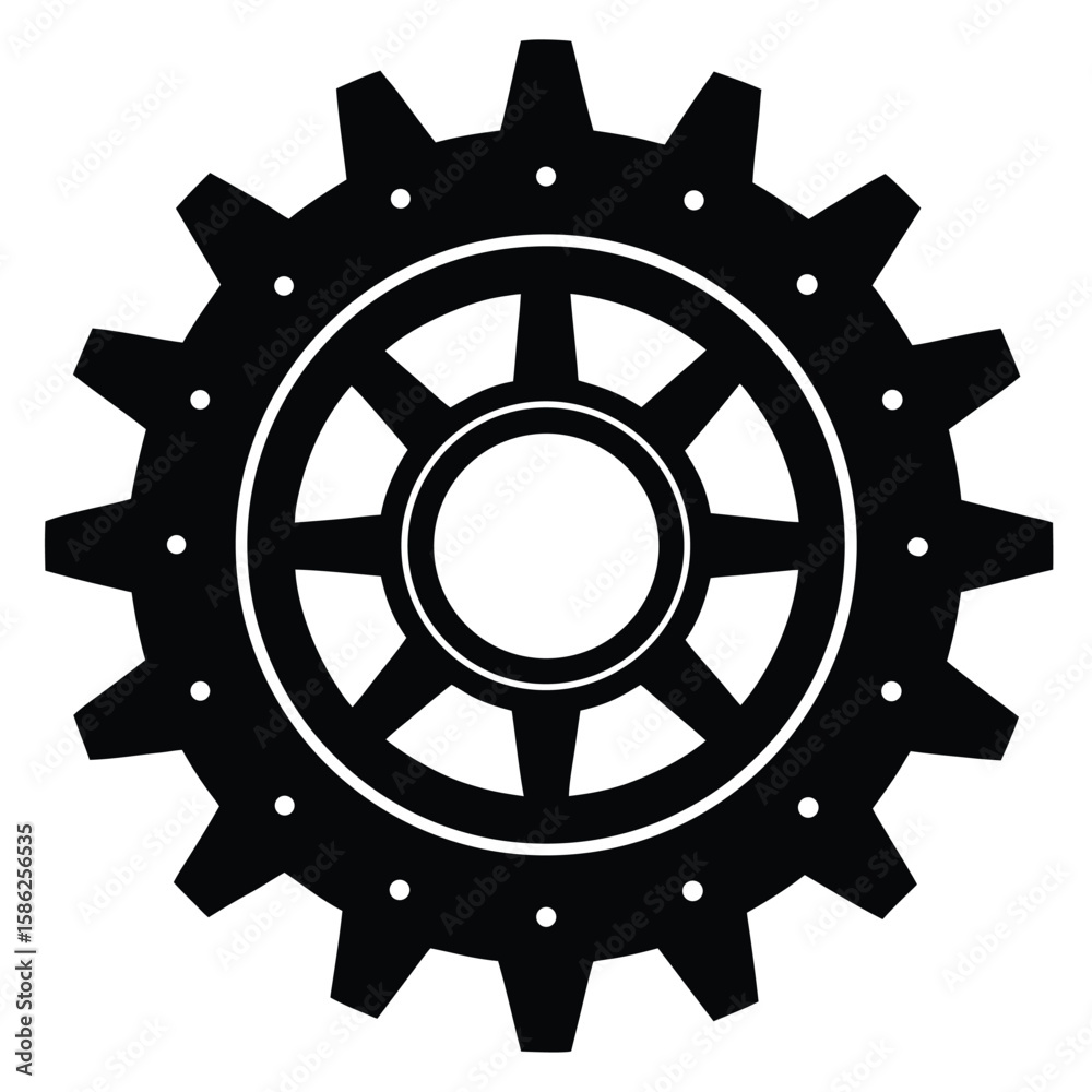 Obraz premium Black and white gear illustration with inner circles, simplistic mechanical shape