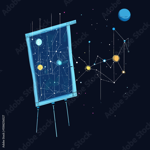 Abstract space star chart on flip chart easel with connected planets and constellation lines futuristic cosmic astronomy concept vector illustration
