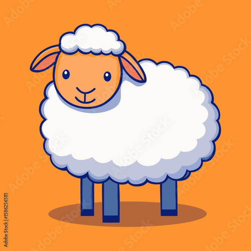 Cute cartoon sheep standing on orange background with fluffy wool and simple line art style vector illustration for children or farm animal concept