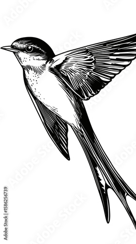 Detailed black and white engraving of a swallow bird in mid flight with outstretched wings and elongated tail feathers in minimalist vector style illustration