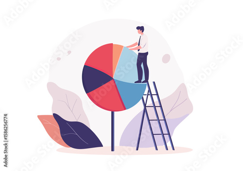 Businessman standing on ladder adjusting large colorful pie chart segments representing investment portfolio allocation and financial planning concept in flat vector style