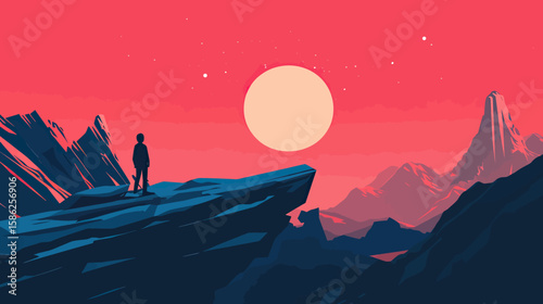Silhouette of person standing on cliff edge overlooking rocky mountain landscape at large setting sun under red sky minimal vector illustration