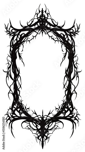 Intricate black gothic frame with twisted thorny branches ornate decoration floral tribal symmetrical design isolated on white background vector illustration