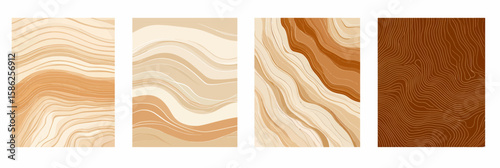 Set of four abstract minimalist vector backgrounds with organic wavy lines patterns in beige and caramel brown tones for modern decorative design