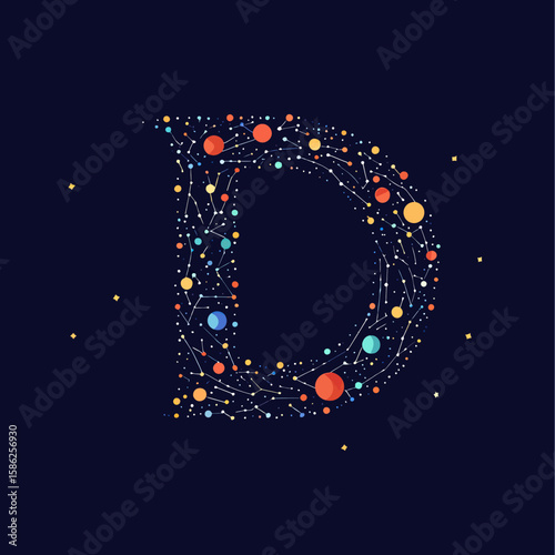 Letter D shaped constellation and planets design with connected starry points and night sky cosmic space theme in flat vector style