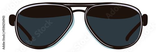 Minimalist flat vector illustration of black aviator sunglasses with dark lenses and metal frame, stylish eyewear accessory design for fashion and outdoor use