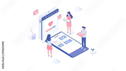 Isometric illustration of people completing online survey checklist on giant smartphone screen with check marks and heart icon for customer satisfaction concept