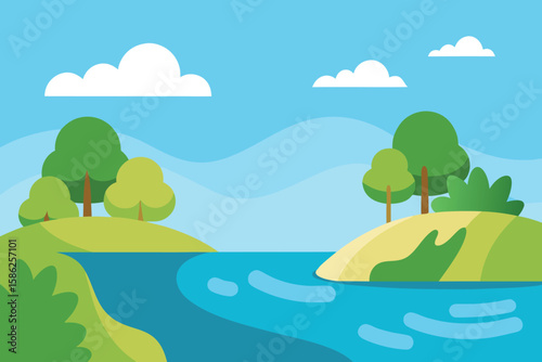 A serene landscape with a flowing river, trees, and hills under a clear sky.