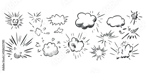 Set of hand drawn comic explosion bursts and smoke clouds with dynamic lines and sketch doodle style for cartoon effects and action design elements vector illustration
