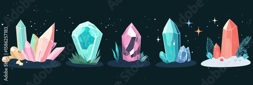 Colorful crystal cluster collection with sparkling gemstone icons including quartz, topaz, emerald, obsidian, diamond, moonstone in flat vector style illustration