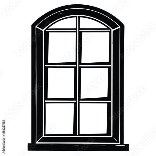 Black and White Illustration of an Arched Window with Six Panes Architectural Design