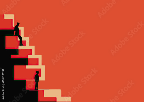 Conceptual illustration of two silhouetted business people at different levels on abstract stairs representing career progression challenge and opportunity in flat minimalist style with red background