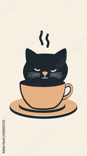Minimalist black cat sitting inside steaming coffee cup on saucer vector illustration with simple flat design and cozy neutral colors for cafe branding