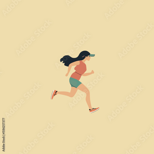 Side view of young woman jogging in sporty outfit with visor cap and sneakers running energetic flat style isolated on pale background vector illustration