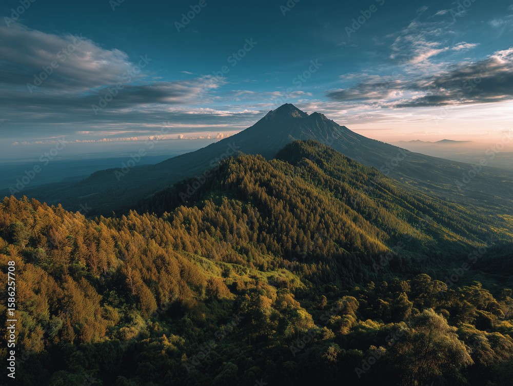 Obraz premium Majestic Mountain Peak Over Lush Forest at Sunrise