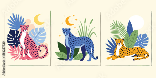 Cheetah posters collection. Vector illustration of three graphic templates with a cheetah surrounded by tropical leaves in trendy abstract style