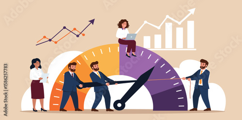 Employee Skills Performance concept. Vector cartoon illustration of a group of diverse people working in front of a meter and increasing its readings. 
