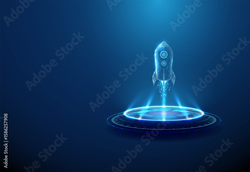 Rocket launching from futuristic podium. Project launch, rapid growth, innovation, space exploration concept.