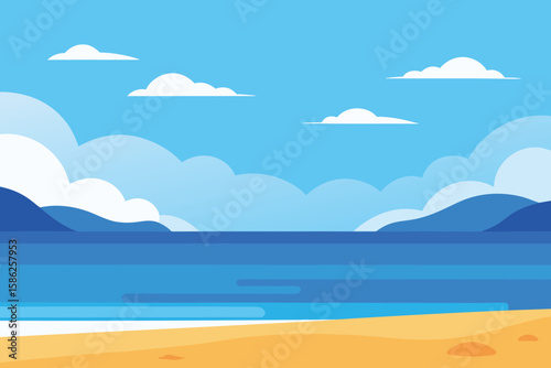 Serene coastal landscape featuring a tranquil beach, calm ocean, and distant mountains under a bright, partly cloudy sky.