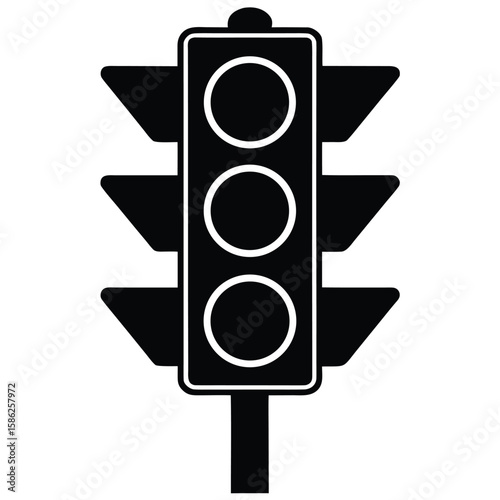 Black Silhouette of a Traffic Light with Three Round Lights on a Post