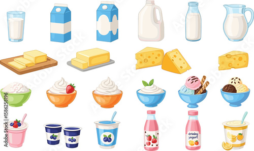 Vector collection of dairy products in flat style including milk, butter, cheese, yogurt, cottage cheese,