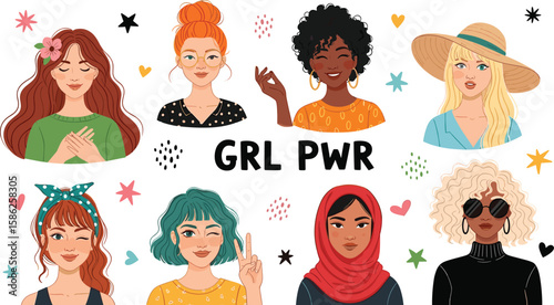 Women's Day greeting card. Vector illustration of diverse multi ethnic cartoon women portraits in modern flat style. Isolated on white background 