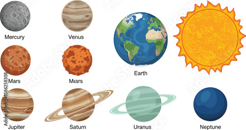 Vector illustration of the solar system planets, signed with the names of the planets.