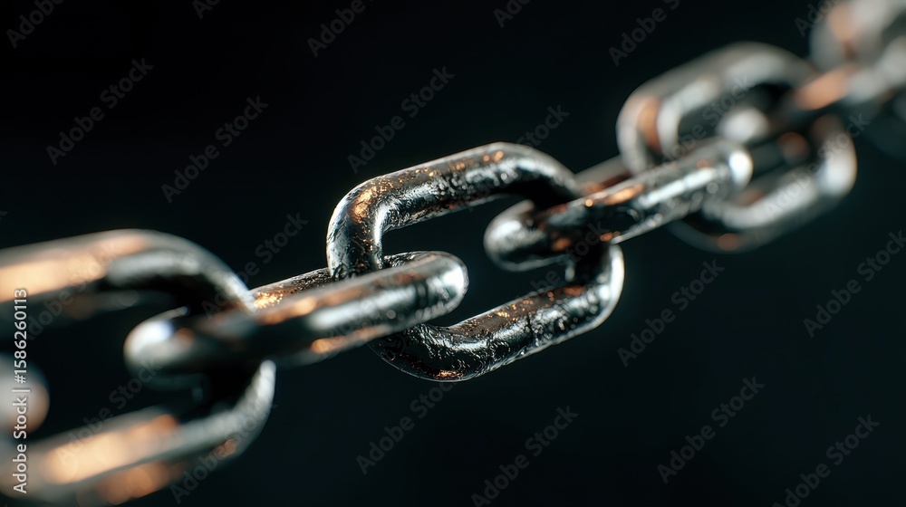 Fototapeta premium Metal chain links, close-up, metallic shine, connected, dark background with bokeh