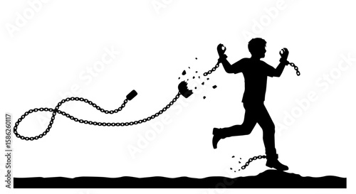 Vector art of man breaks free from chains, running towards liberation isolated on transparent background