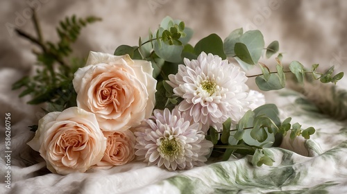 A calming blend of pale peach roses, soft lavender, and creamy white chrysanthemums, intertwined with green ferns and eucalyptus.