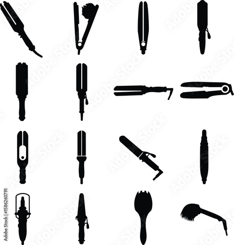 Hair Styling Tools Collection: Flat Irons, Curling Wands, and Straighteners. A comprehensive vector illustration set of various hair care appliances for beauty salons, personal grooming, and fashion.