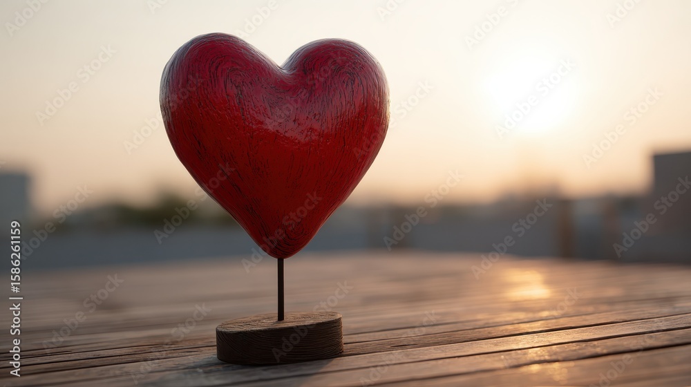 Fototapeta premium Red heart sculpture on wood, sunset background, love symbol