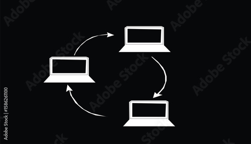 Laptop, data, transfer line icon. Outline vector. Computer transmission information icon, Vector Illustration on black background.