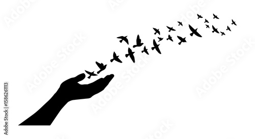 Vector art of silhouette of an open hand releasing a flock of birds isolated on transparent background