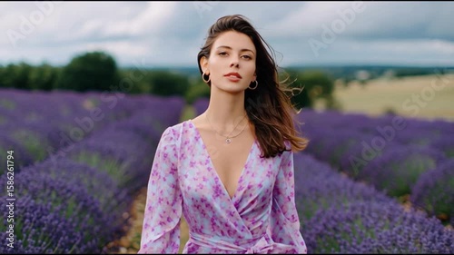 Woman in Lavender Field: A radiant woman in a floral dress stands gracefully amidst rows of blooming lavender flowers, surrounded by the serene beauty of nature's embrace.