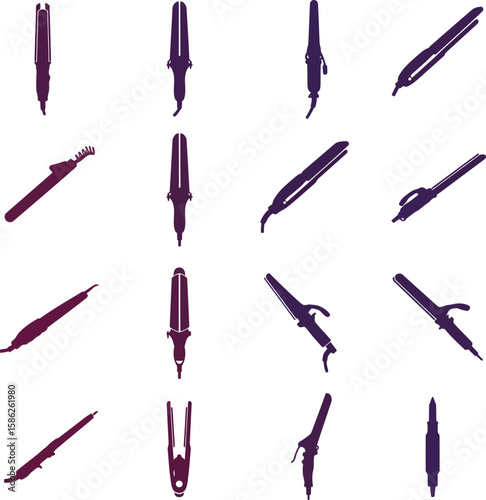 Hair Styling Tools Collection: Flat Irons, Curling Wands, and Straighteners. A comprehensive vector illustration set of various hair care appliances for beauty salons, personal grooming, and fashion.