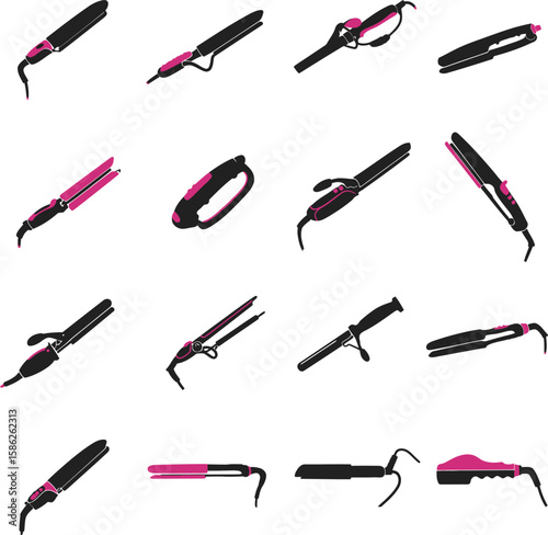 Hair Styling Tools Collection: Flat Irons, Curling Wands, and Straighteners. A comprehensive vector illustration set of various hair care appliances for beauty salons, personal grooming, and fashion.