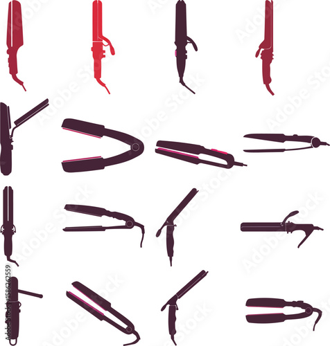 Hair Styling Tools Collection: Flat Irons, Curling Wands, and Straighteners. A comprehensive vector illustration set of various hair care appliances for beauty salons, personal grooming, and fashion.