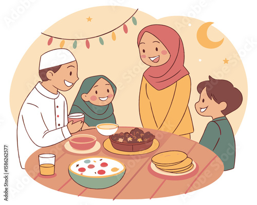 Ramadan Family Dinner Illustration | Iftar Gathering Celebration Graphic