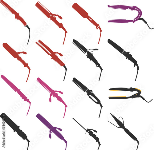 Hair Styling Tools Collection: Flat Irons, Curling Wands, and Straighteners. A comprehensive vector illustration set of various hair care appliances for beauty salons, personal grooming, and fashion.
