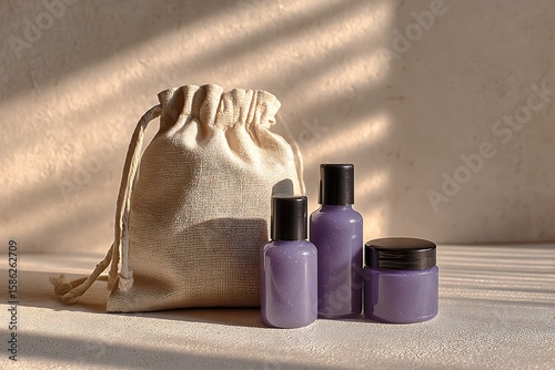 Natural jute drawstring bag with small purple cosmetic bottles and jar on a textured surface