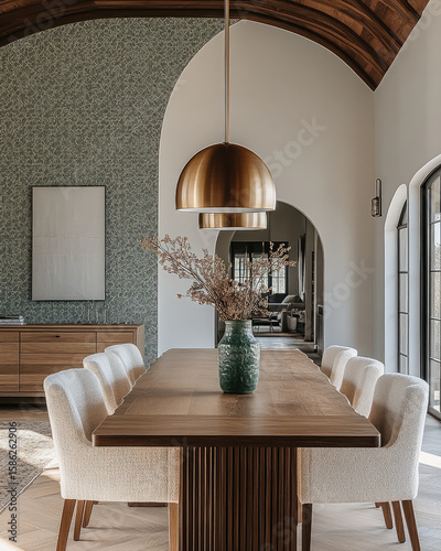 modern dining room featuring large wooden table, stylish chairs, and unique pendant light. decor includes textured wall and vase with dried flowers, creating warm