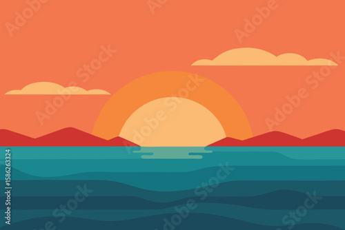Minimalist Sunset Seascape Vector Art: Flat Design Ocean Landscape with Sun, Clouds, and Mountains Illustration for Wall Art and Backgrounds